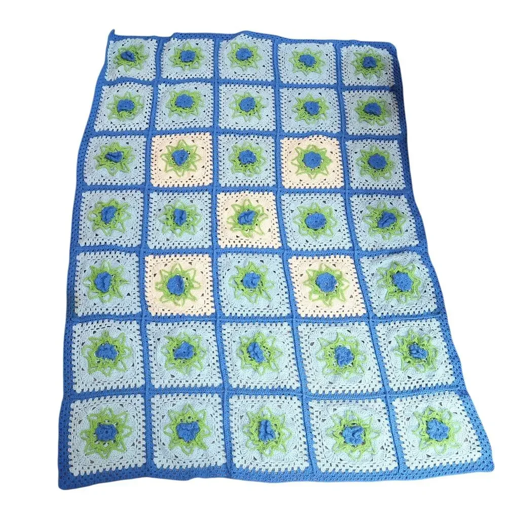 Vintage 70s light blue 3D floral granny square crochet knit blanket